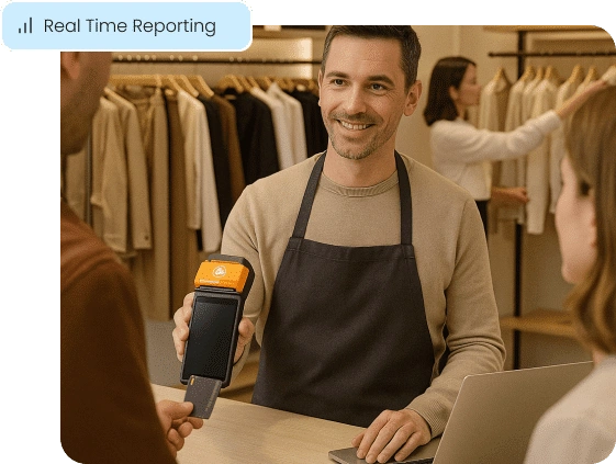 A retail transaction is shown with a sales summary, illustrating real-time business analytics.