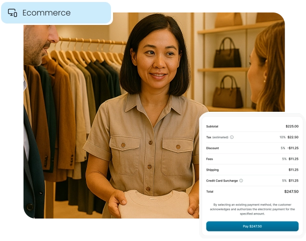 A retail employee in a boutique with a checkout overlay illustrating integrated ecommerce.