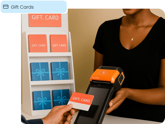 A customer pays with a gift card, illustrating an integrated gift card program for retailers.