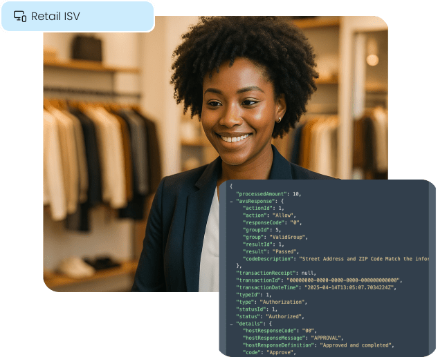 A retail store owner in her boutique, with an overlay of a clean API response, illustrating our seamless payment integration for Retail ISV partners.