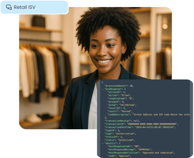 A retail owner with an API overlay, illustrating seamless payment integration for Retail ISVs.