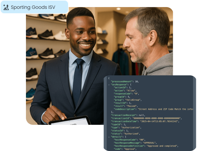 A retail expert assists a customer using a tablet, with an overlay of a clean API response, illustrating our seamless payment integration for Sporting Goods ISV partners.