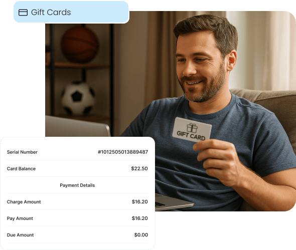 A customer uses a gift card for an online purchase, with a report overlay showing the card's balance, illustrating the integrated gift card solutions for sports and outdoor retailers.