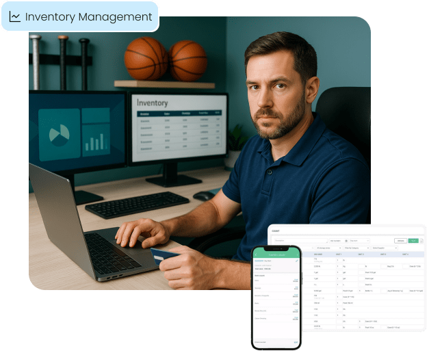 The owner of a sporting goods store uses a computer and mobile phone to manage his stock, illustrating the platform's powerful inventory management tools.