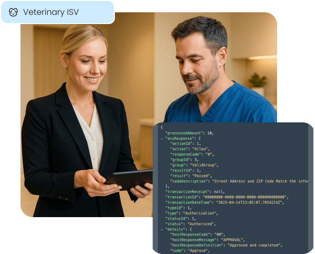 A veterinarian reviews information on a tablet, with an overlay of a clean API response, illustrating our seamless payment integration for Veterinary ISV partners.