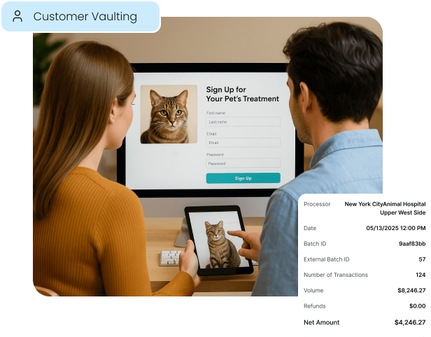 A couple uses an online patient portal for their pet's treatment, illustrating how Customer Vaulting securely stores client payment information for payment plans and future billing.