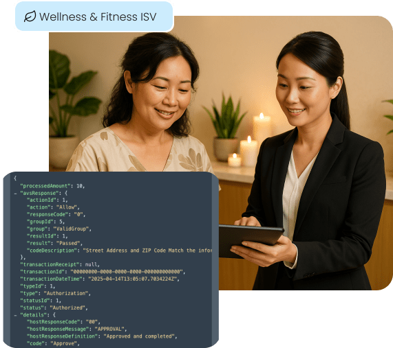 A wellness professional uses a tablet-based management system, with an overlay of a clean API response, illustrating our seamless payment integration for Wellness & Fitness ISV partners.