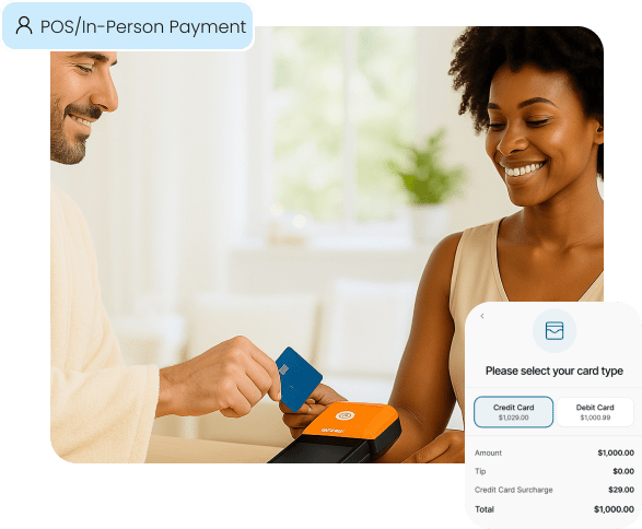 A client at a wellness center completes a contactless payment on a modern point-of-sale terminal, highlighting a seamless in-person payment experience.