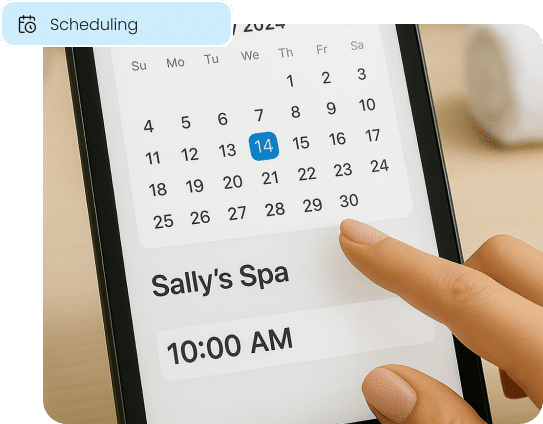 A client books an appointment on a digital calendar, illustrating the integrated online scheduling feature for wellness and fitness businesses.