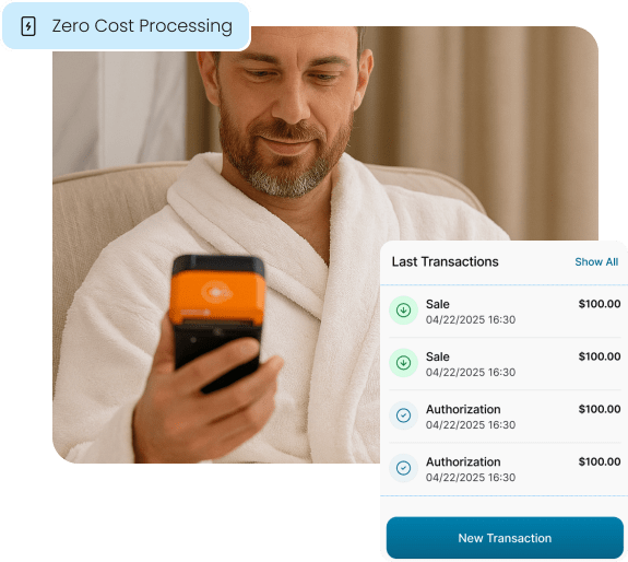 A client at a wellness center uses a POS terminal, with an overlay showing how Zero Cost Processing can eliminate transaction fees for fitness and wellness businesses.