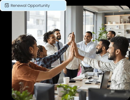 A successful business team celebrates, representing the renewal opportunity for working capital.