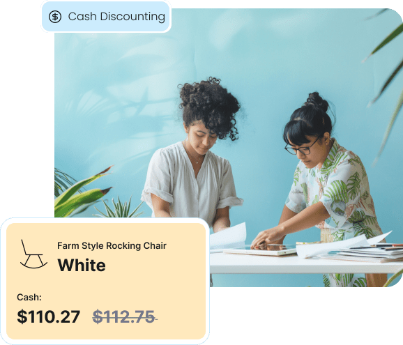 A price tag shows a discounted cash price versus a standard credit price, illustrating the Cash Discounting model of Zero Cost Processing.