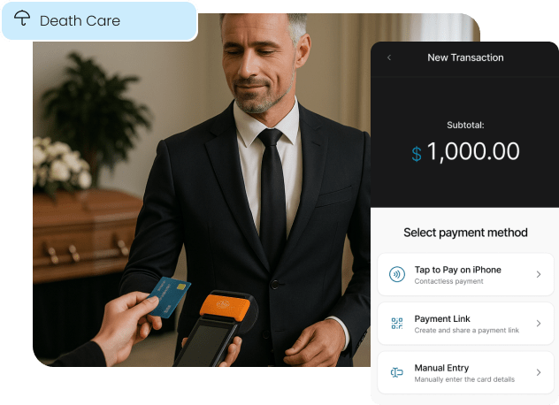 A funeral director processes a high-value payment, illustrating how Zero Cost Processing helps death care businesses save significantly on credit card fees.