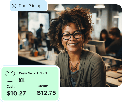 A price tag shows a lower price for cash and a higher price for credit, illustrating the concept of Dual Pricing as a form of Zero Cost Processing.