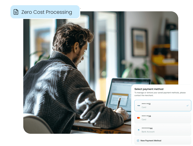 A customer pays online, illustrating how Zero Cost Processing models like dual pricing, surcharging, and cash discounting can eliminate credit card fees for businesses.