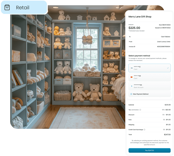 A payment screen for a retail gift shop shows a credit card surcharge, illustrating how Zero Cost Processing helps retailers eliminate transaction fees.