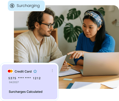 A graphic shows a credit card transaction with the message "Surcharges Calculated," illustrating how the surcharging model of Zero Cost Processing works.