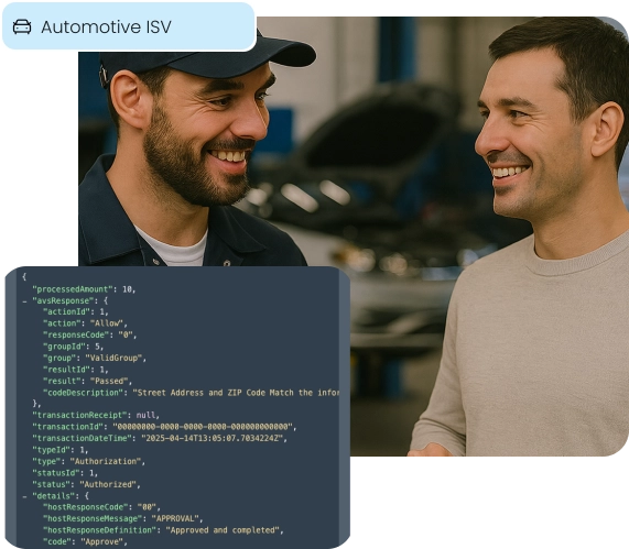 A mechanic and customer with an API overlay, illustrating payment integration for Automotive ISVs.