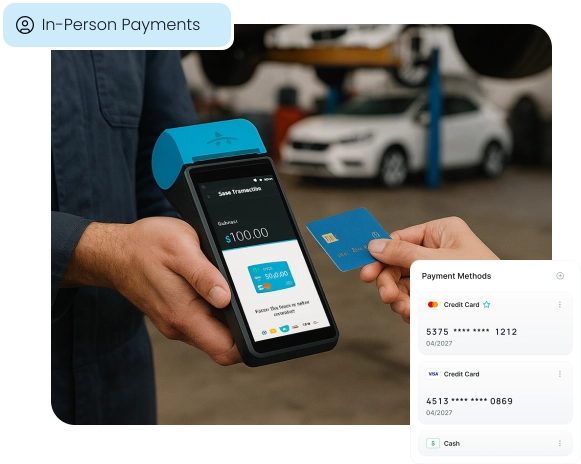 A customer pays for auto service using a mobile POS terminal, illustrating in-person payments.