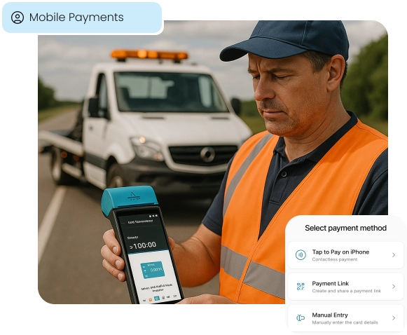 A roadside assistance tech uses a mobile POS, illustrating mobile payments for auto services.