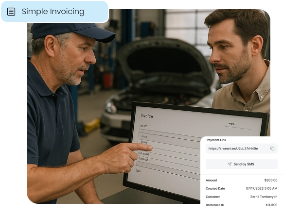 A mechanic reviews a digital invoice with a customer, illustrating simple invoicing for auto shops.