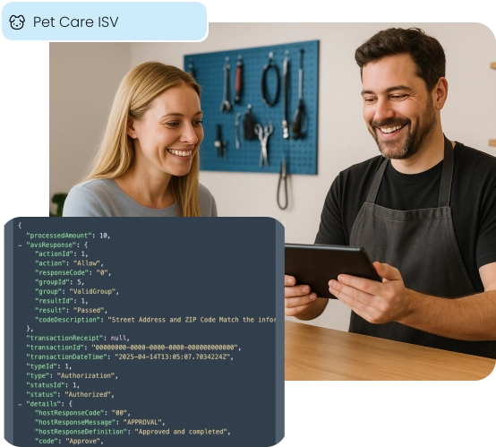 A pet care pro and client use a tablet, with an API overlay for ISV payment integration.