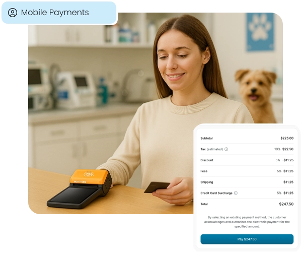 A pet owner pays at a clinic with a POS terminal, illustrating mobile payments for pet care.