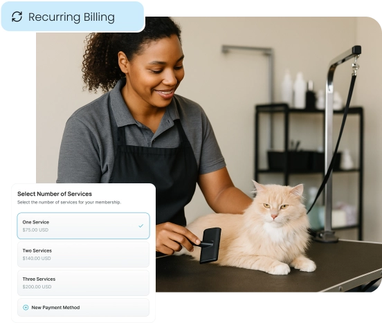 A pet groomer with a cat, illustrating how to set up recurring billing for memberships.