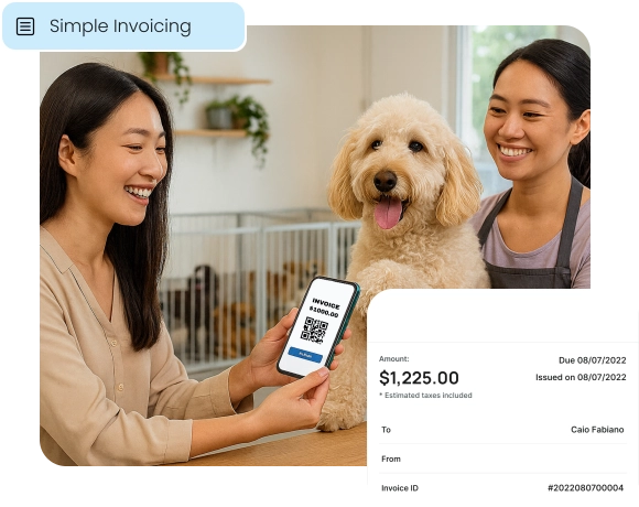 A client at a pet care business uses a QR code to pay an invoice on her phone.