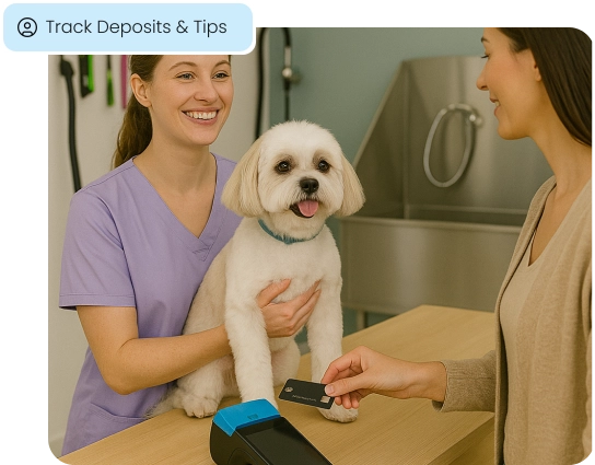 A client pays her dog groomer, illustrating how the system tracks deposits and tips.