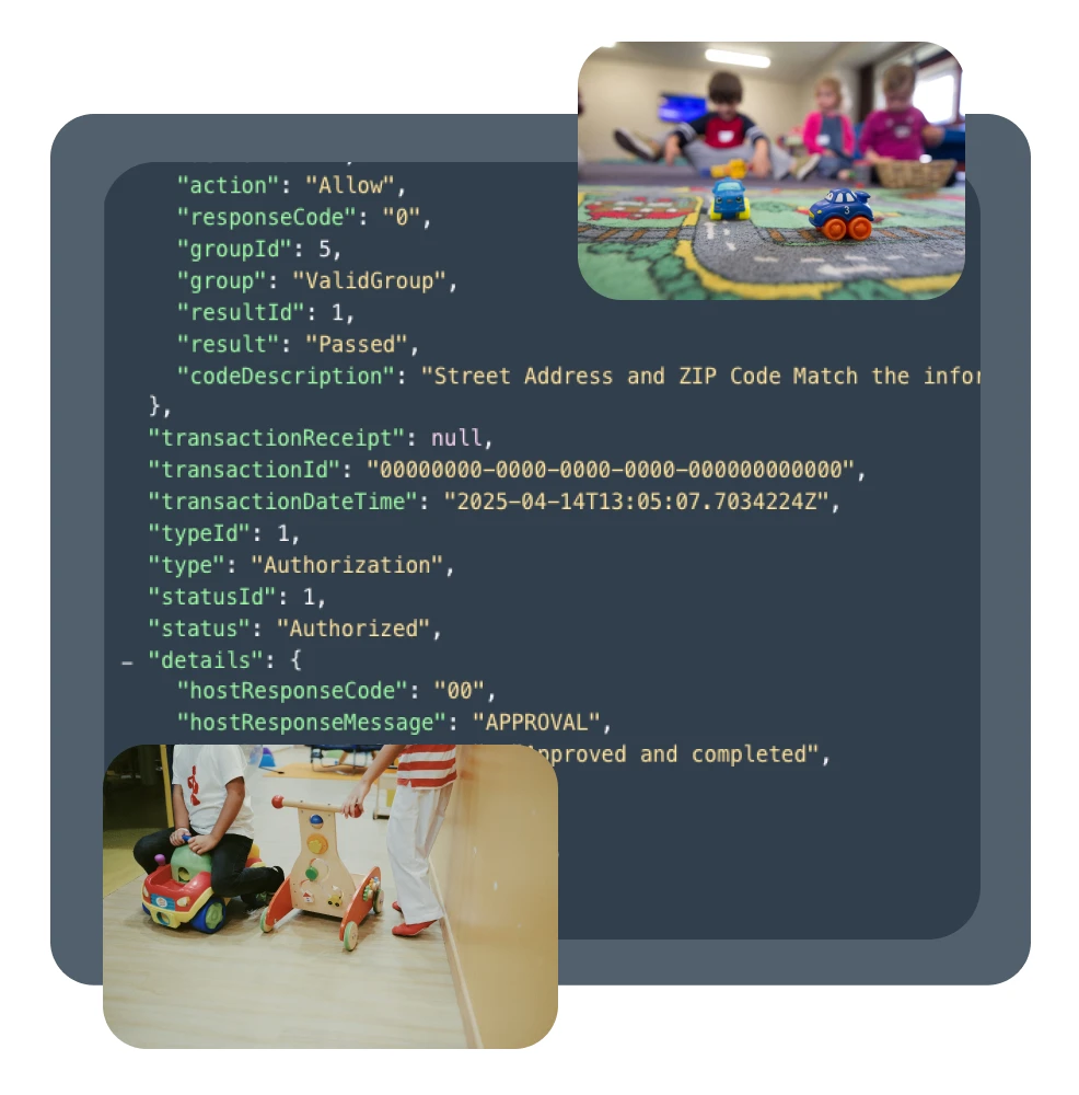 Child care play scene with code snippet for Aurora integrated software development.