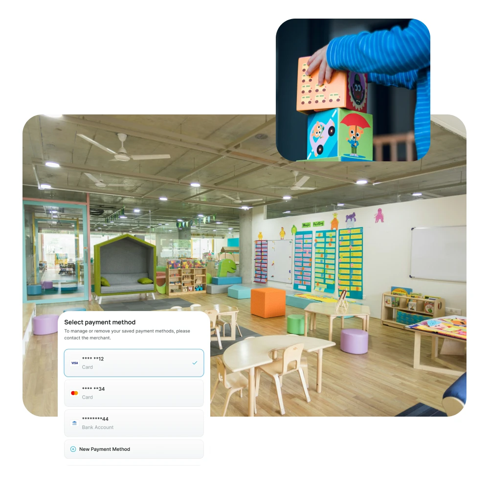 Aurora payment UI for ACH and card billing over a modern preschool classroom scene.