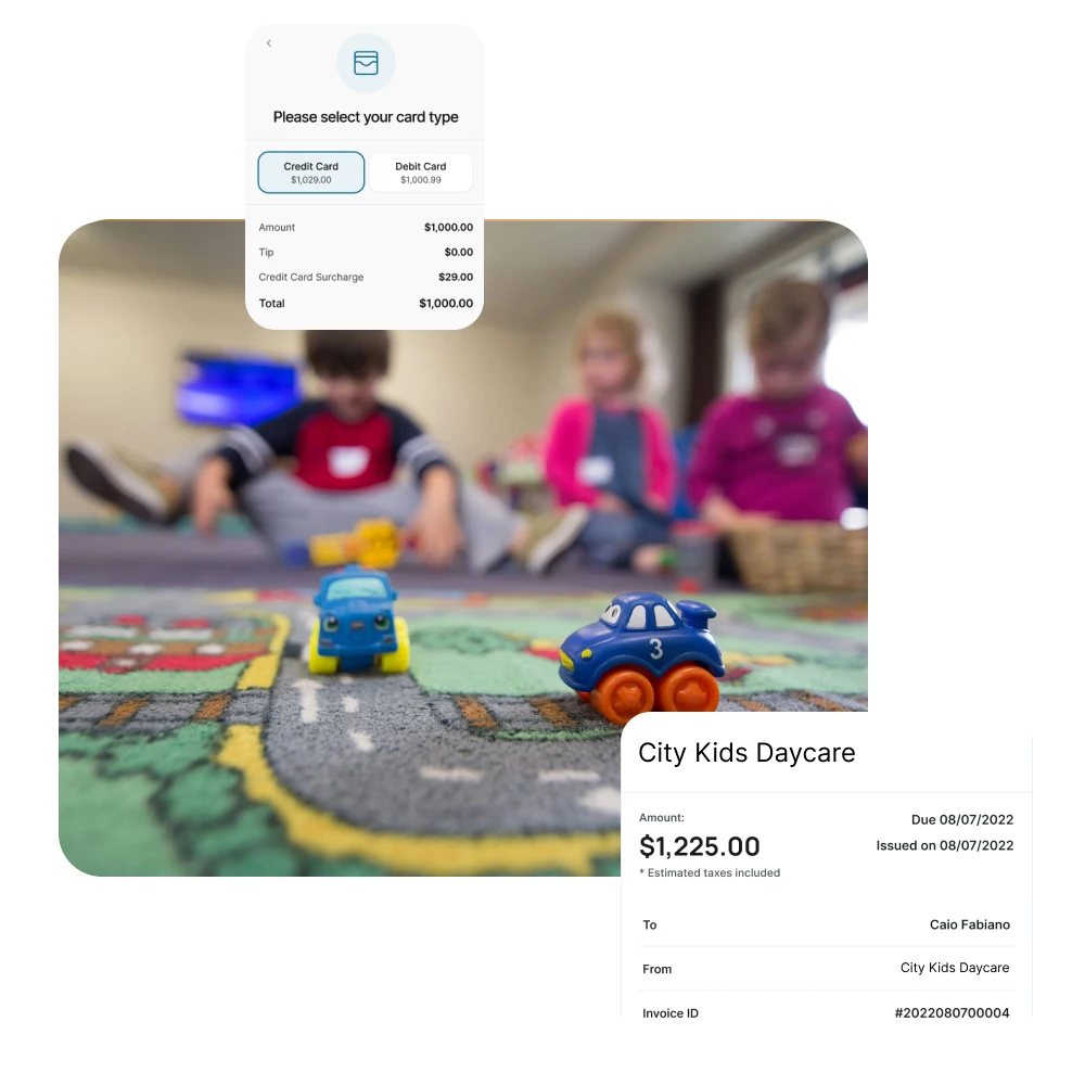 Daycare children playing with Aurora software for secure tuition billing and invoices.