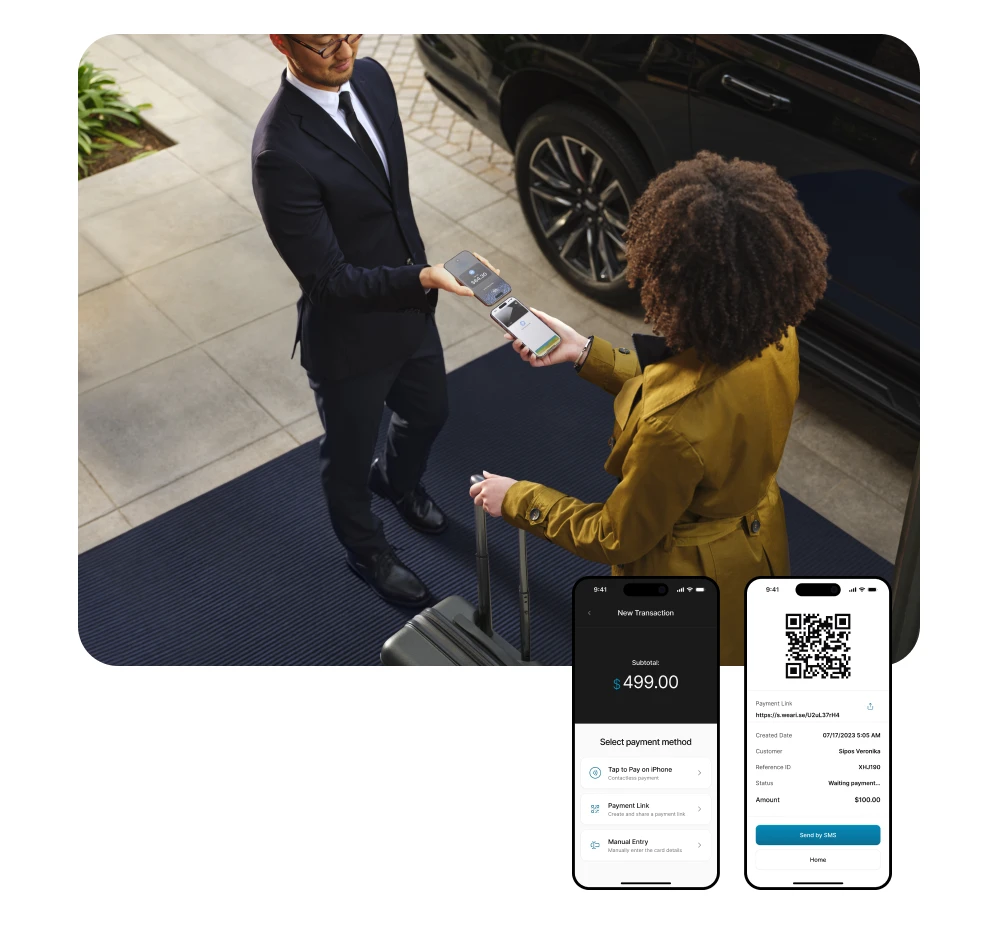 ARISE Tap to Pay on iPhone used by a concierge to accept a contactless mobile payment from a client.
