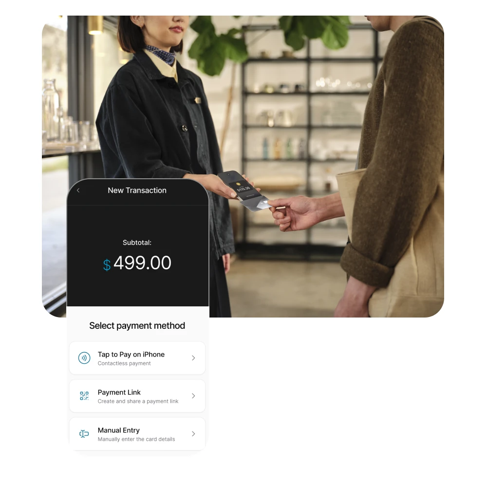 RISE Tap to Pay on iPhone being used in a boutique retail setting for a secure contactless transaction.